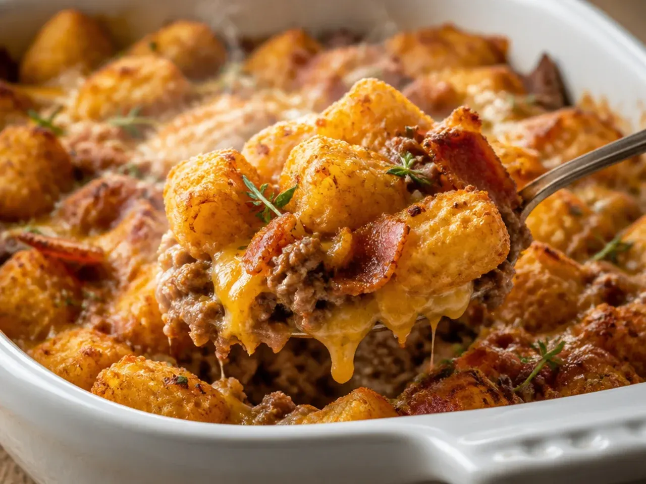 Hearty bacon cheeseburger tater tot casserole loaded with crumbled bacon and extra cheese