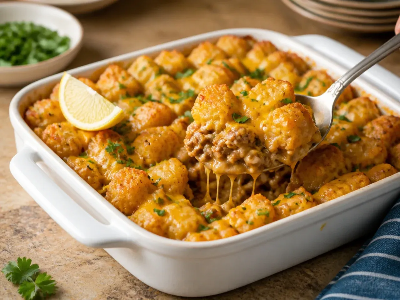 Cozy cheeseburger tater tot casserole with a visibly creamy homemade cheese sauce layer