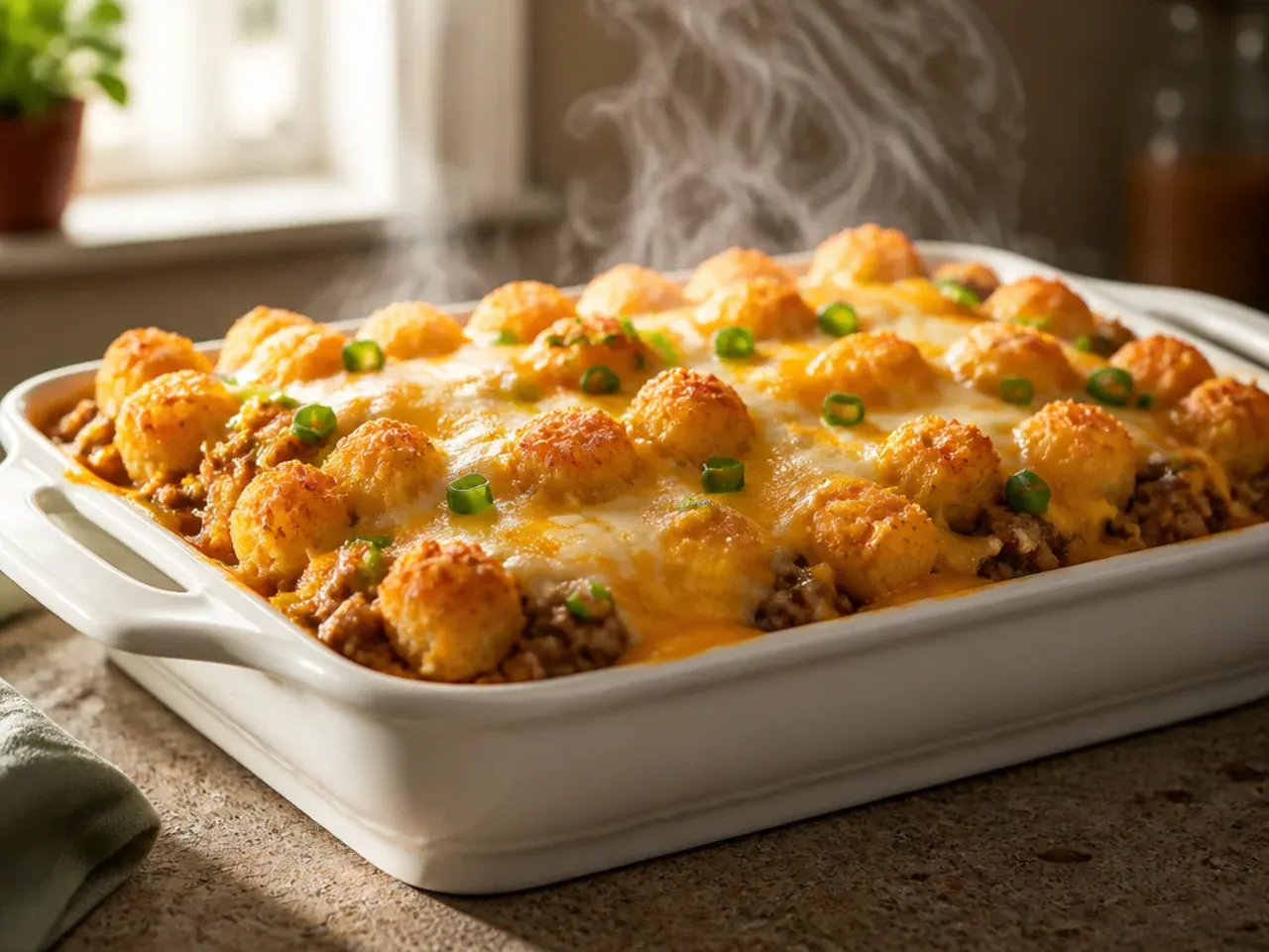 Spoon lifting a creamy portion of cheeseburger tater tot casserole showing a rich soured cream sauce