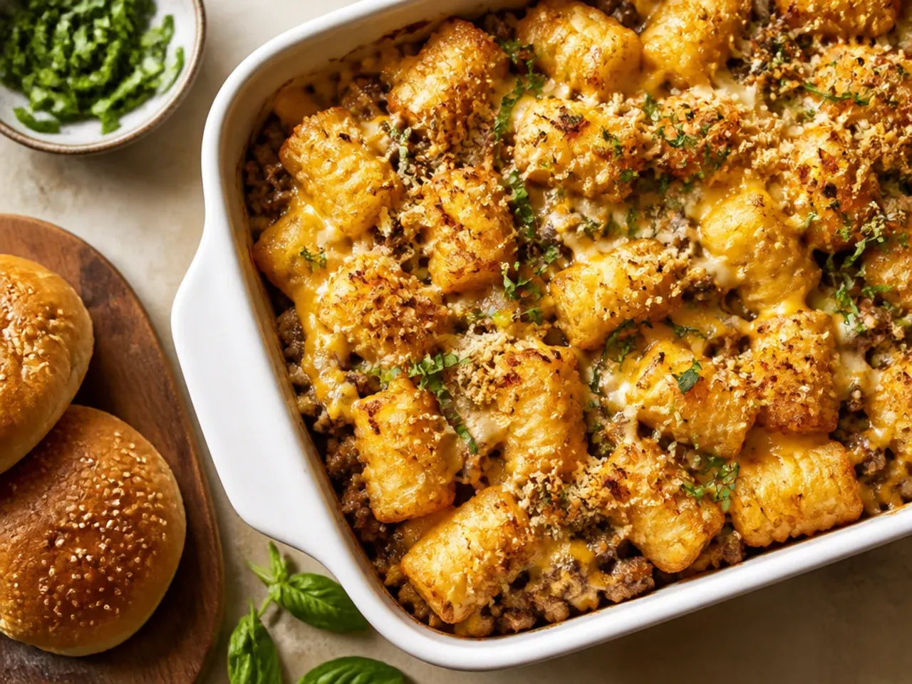 Simple sheet-pan cheeseburger tater tot casserole spread thin with extra-crispy tots