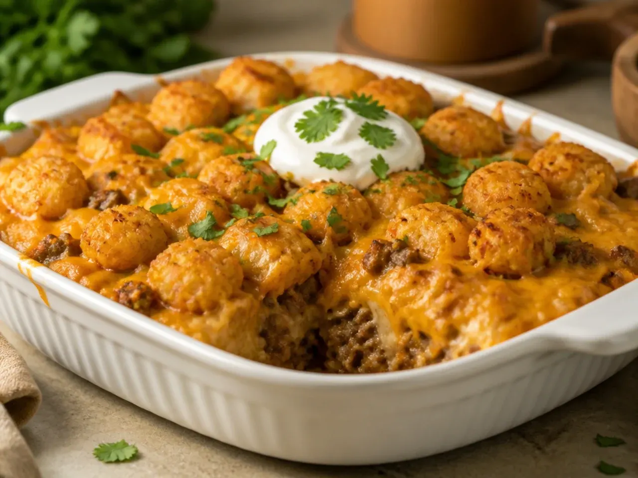 Extra-cheesy cheeseburger tater tot casserole with a thick, bubbling layer of melted double cheddar