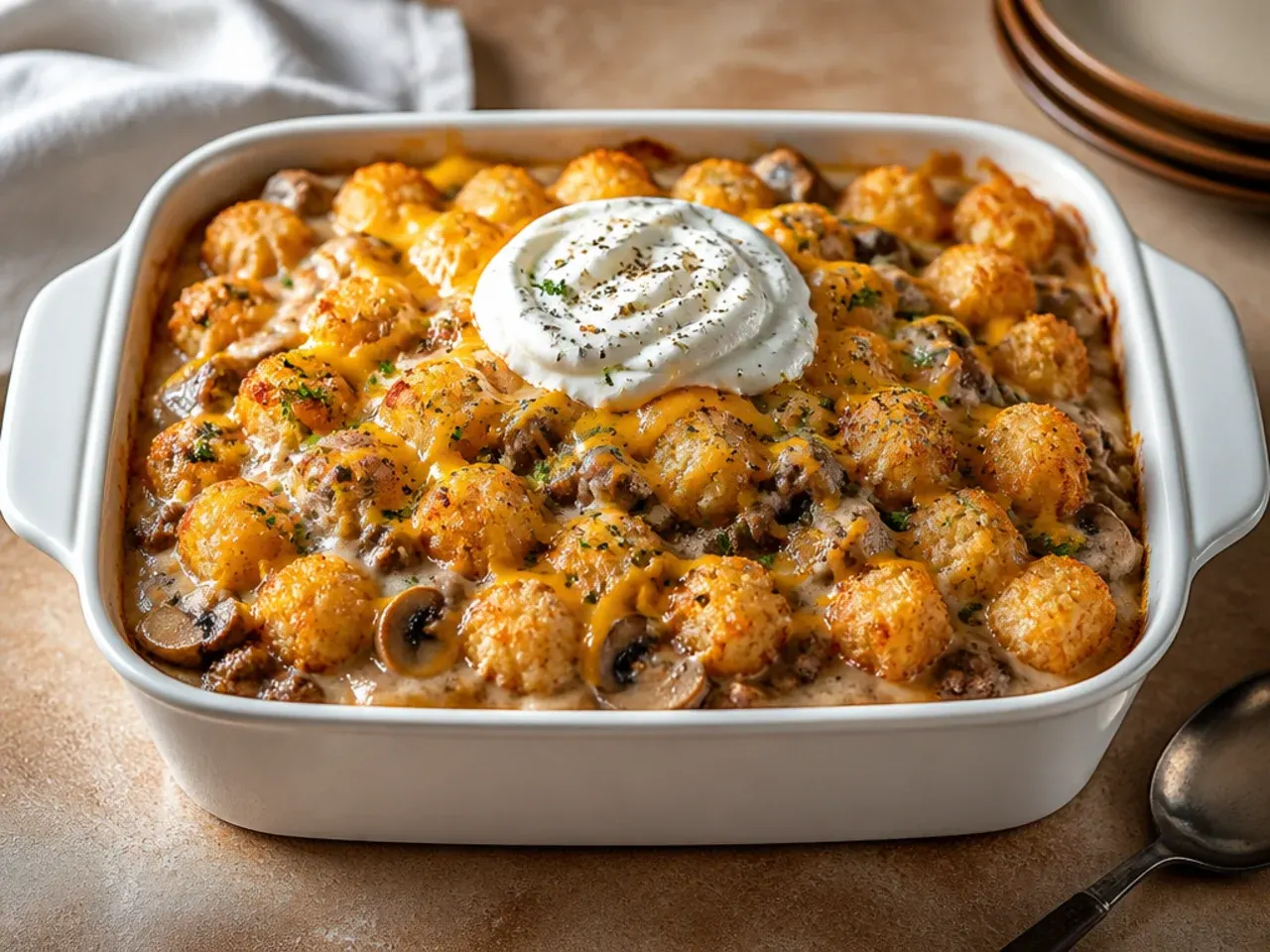 Comforting mushroom gravy cheeseburger tater tot casserole with visible mushroom pieces in the sauce