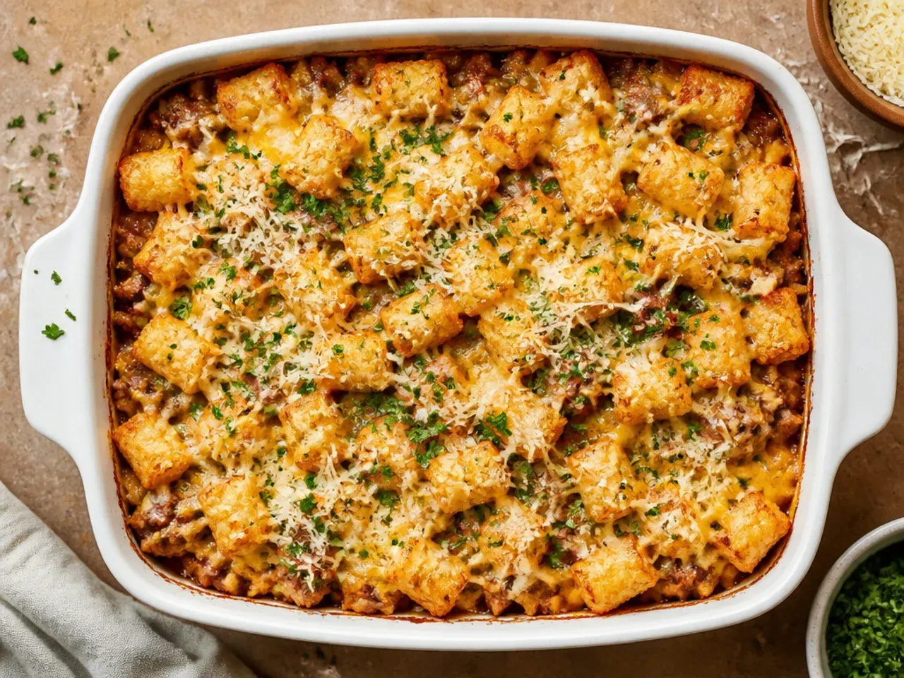 Budget-friendly cheeseburger tater tot casserole made with simple pantry-cupboard ingredients