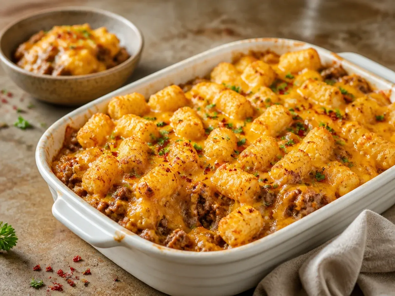 Quick weeknight cheeseburger tater tot casserole being served straight from the baking dish