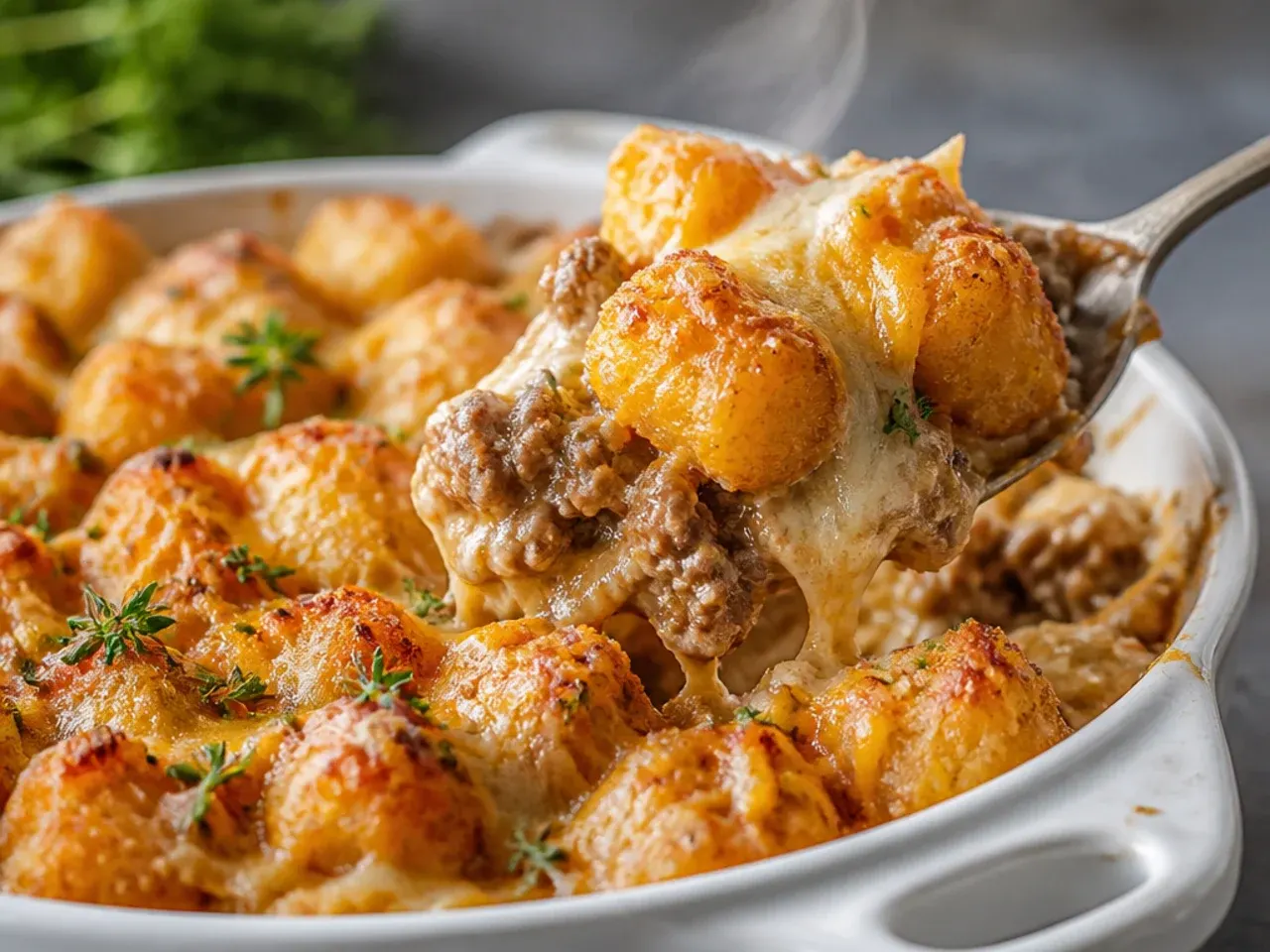 Rustic cast-iron skillet cheeseburger tater tot casserole with a browned, caramelised edge