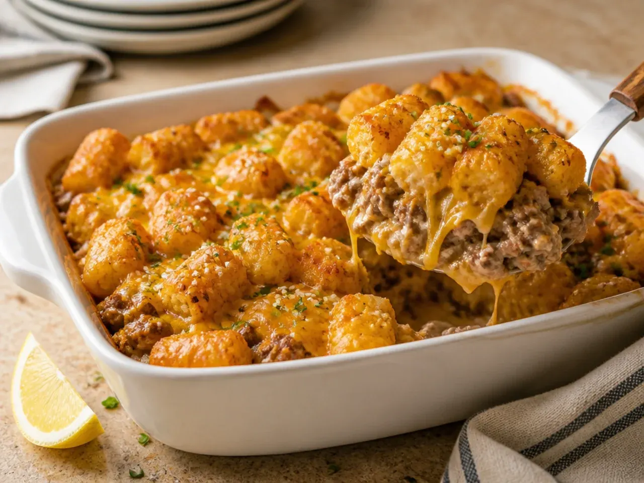 Loaded Big Mac-style cheeseburger tater tot casserole drizzled with special sauce and diced pickles