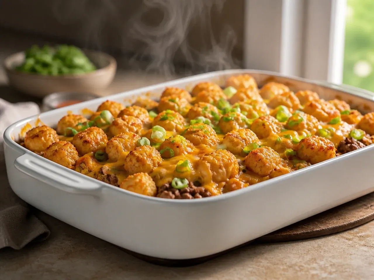 Large family-size cheeseburger tater tot casserole in an oversized roasting tin, ready to serve a crowd