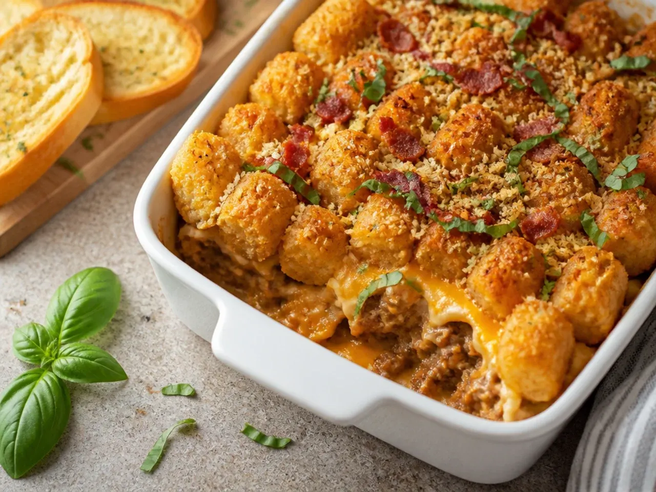 Best-ever bacon ranch cheeseburger tater tot casserole drizzled with ranch dressing and bacon crumbs