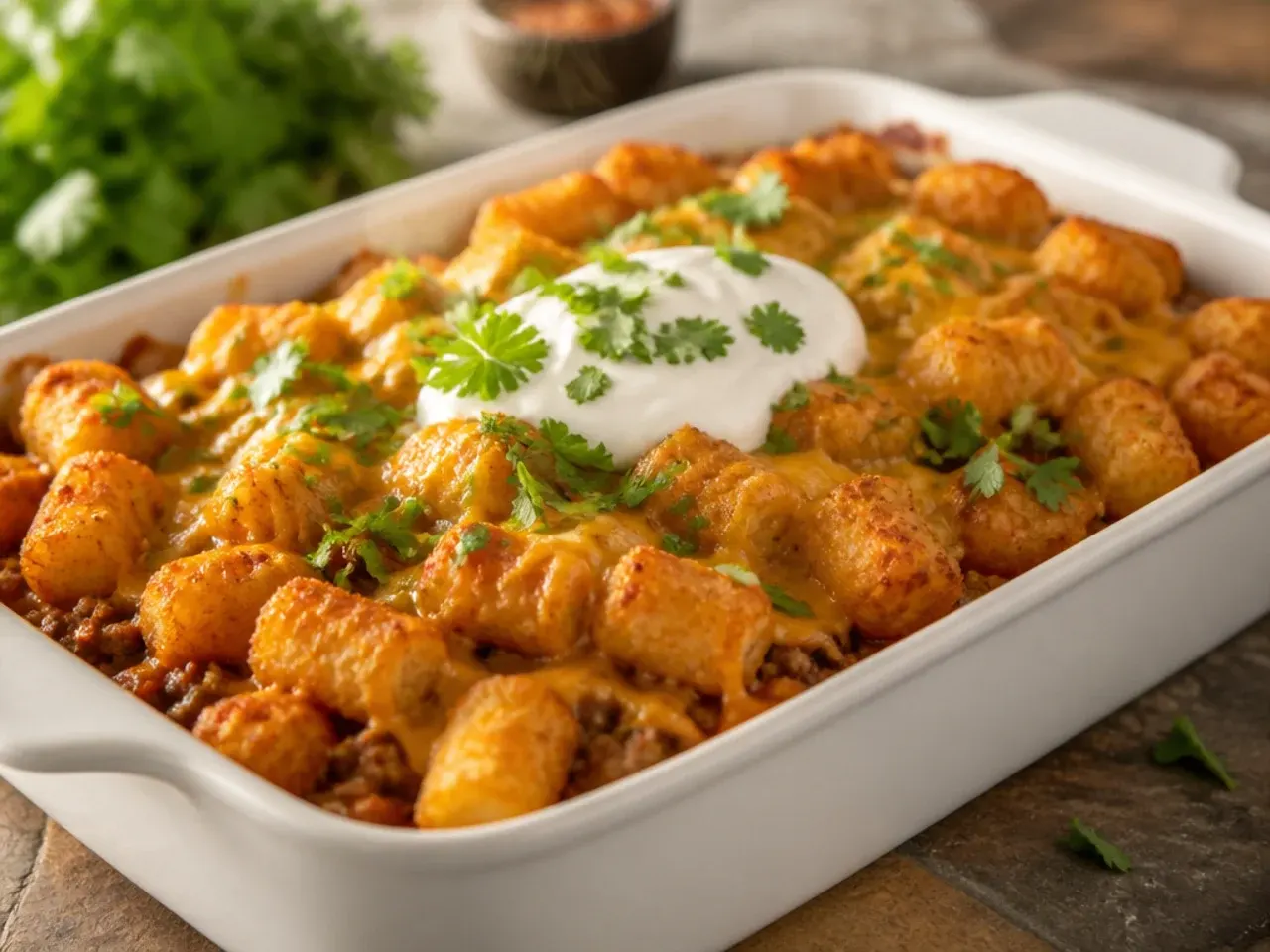 One-pot cheeseburger tater tot casserole baked and served directly from a single oven-safe pot