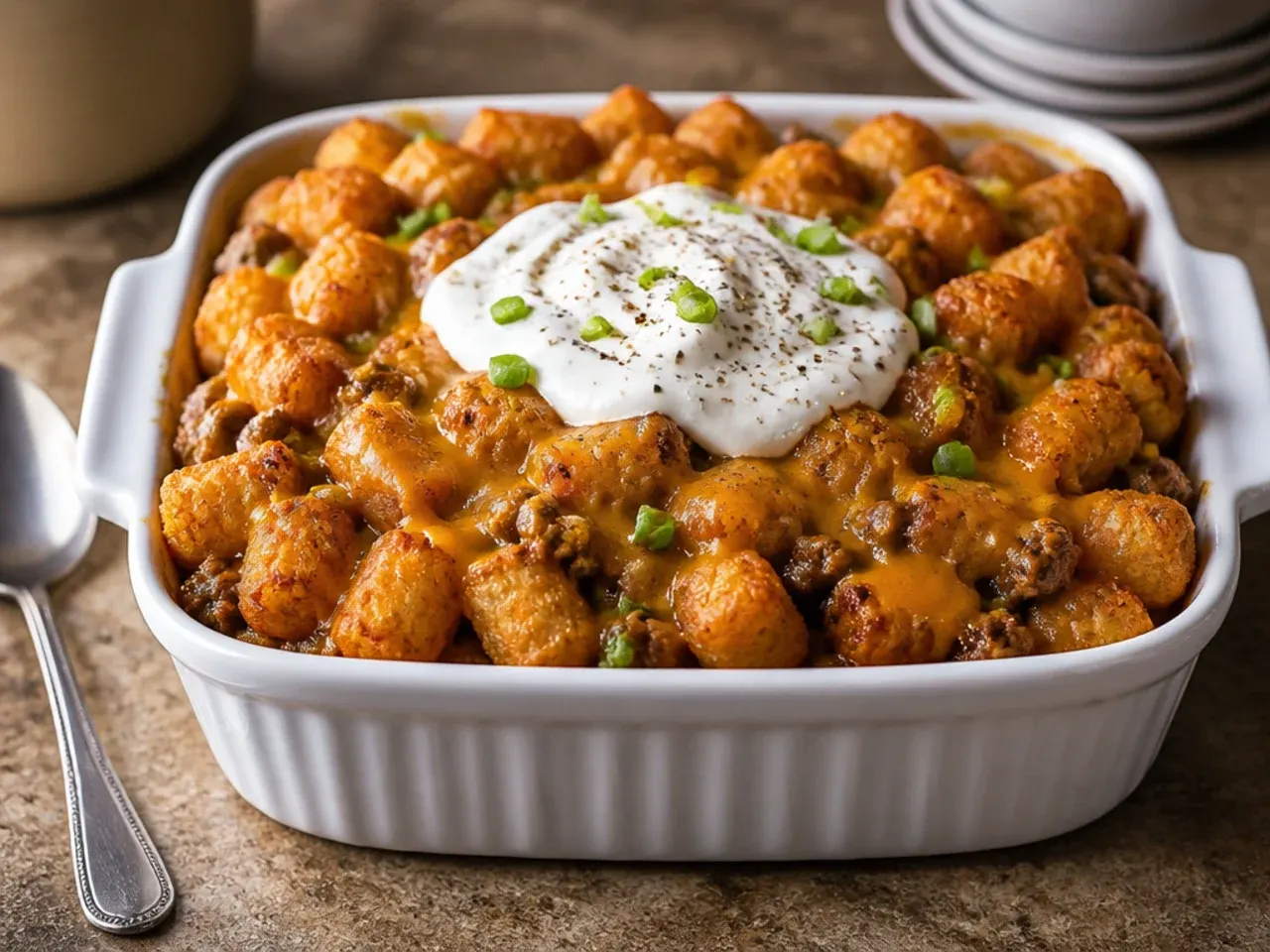 Classic cheeseburger tater tot casserole with a layer of soaked Texas toast visible beneath the beef