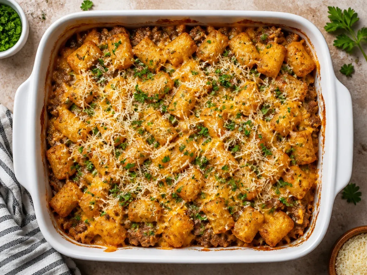 Foil tray of assembled cheeseburger tater tot casserole ready to be frozen before baking