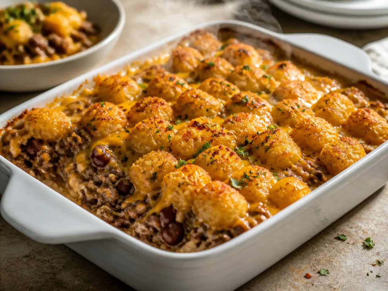 Hearty beef and bean cheeseburger tater tot casserole with visible kidney beans in the sauce