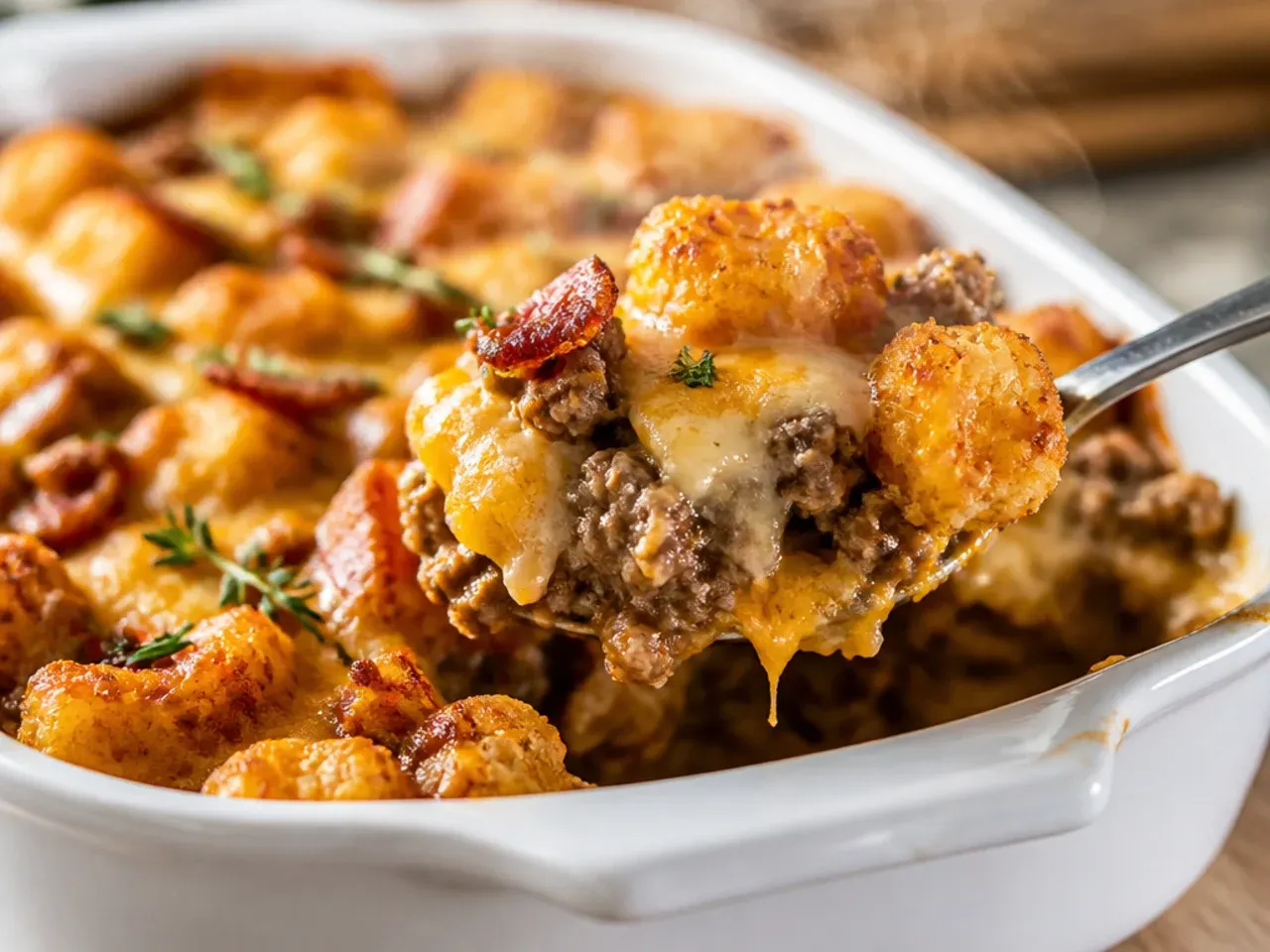 Slow cooker filled with cheeseburger tater tot casserole, tots arranged on top for the final hour