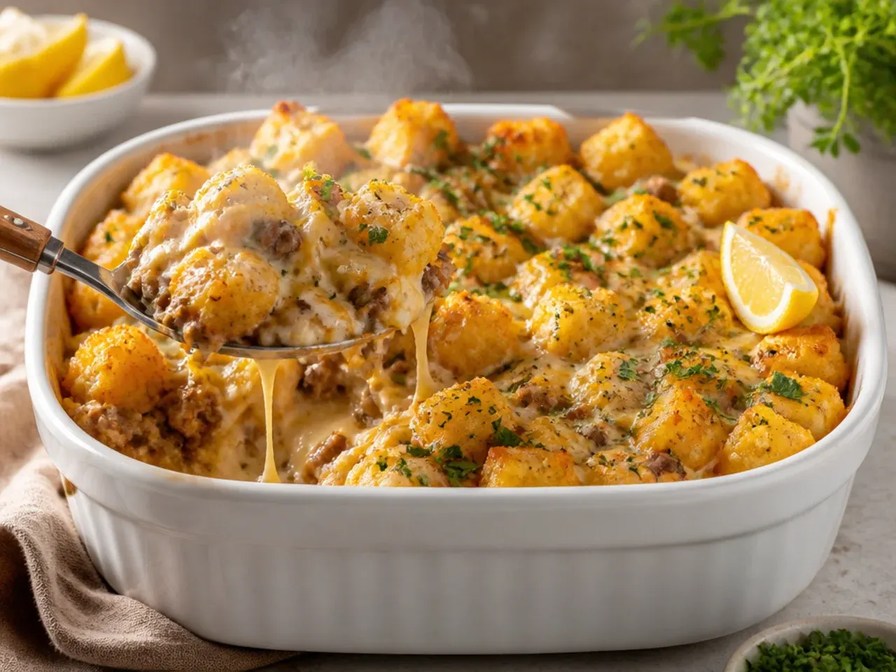 Creamy cheeseburger tater tot casserole with a smooth, pale sauce made from blended cottage cheese