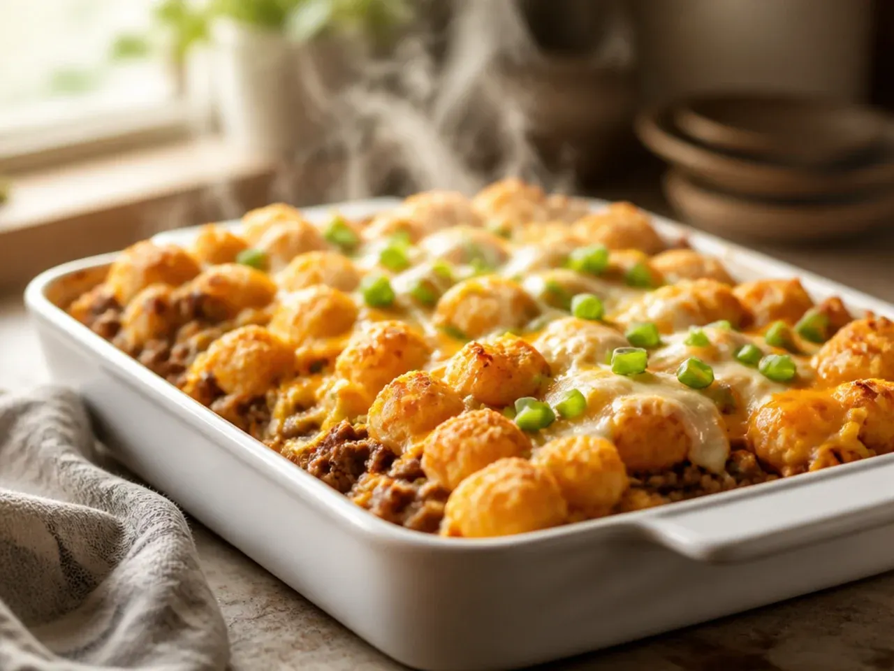 Simple two-cheese cheeseburger tater tot casserole with a visibly layered cheese top