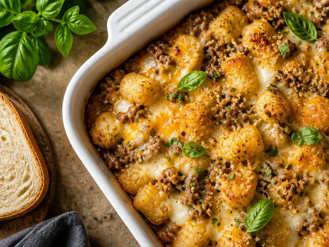 Cheesy pepper jack cheeseburger tater tot casserole with flecks of green chilli visible in the melted cheese