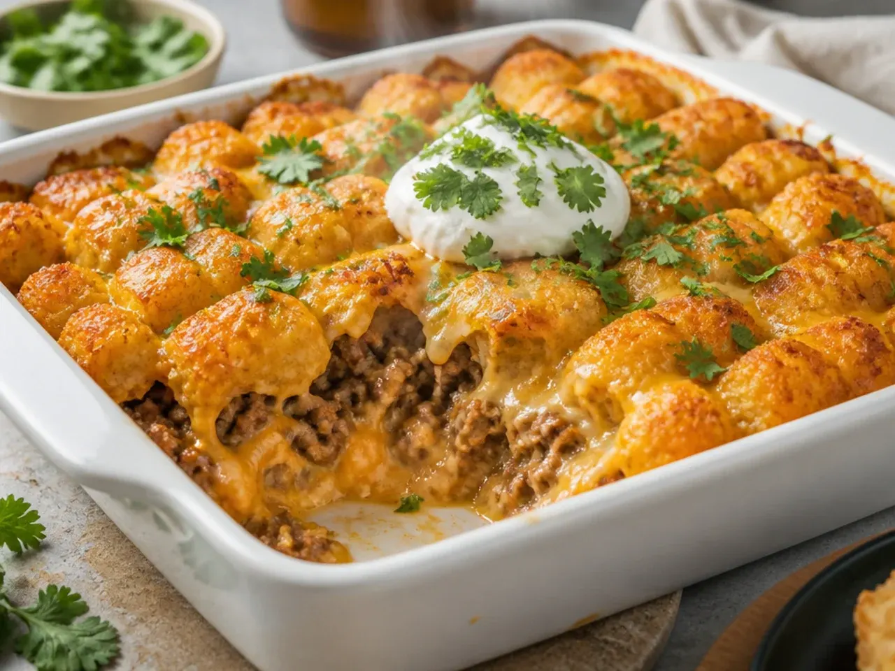Comforting onion soup cheeseburger tater tot casserole with a deep, savoury brown sauce