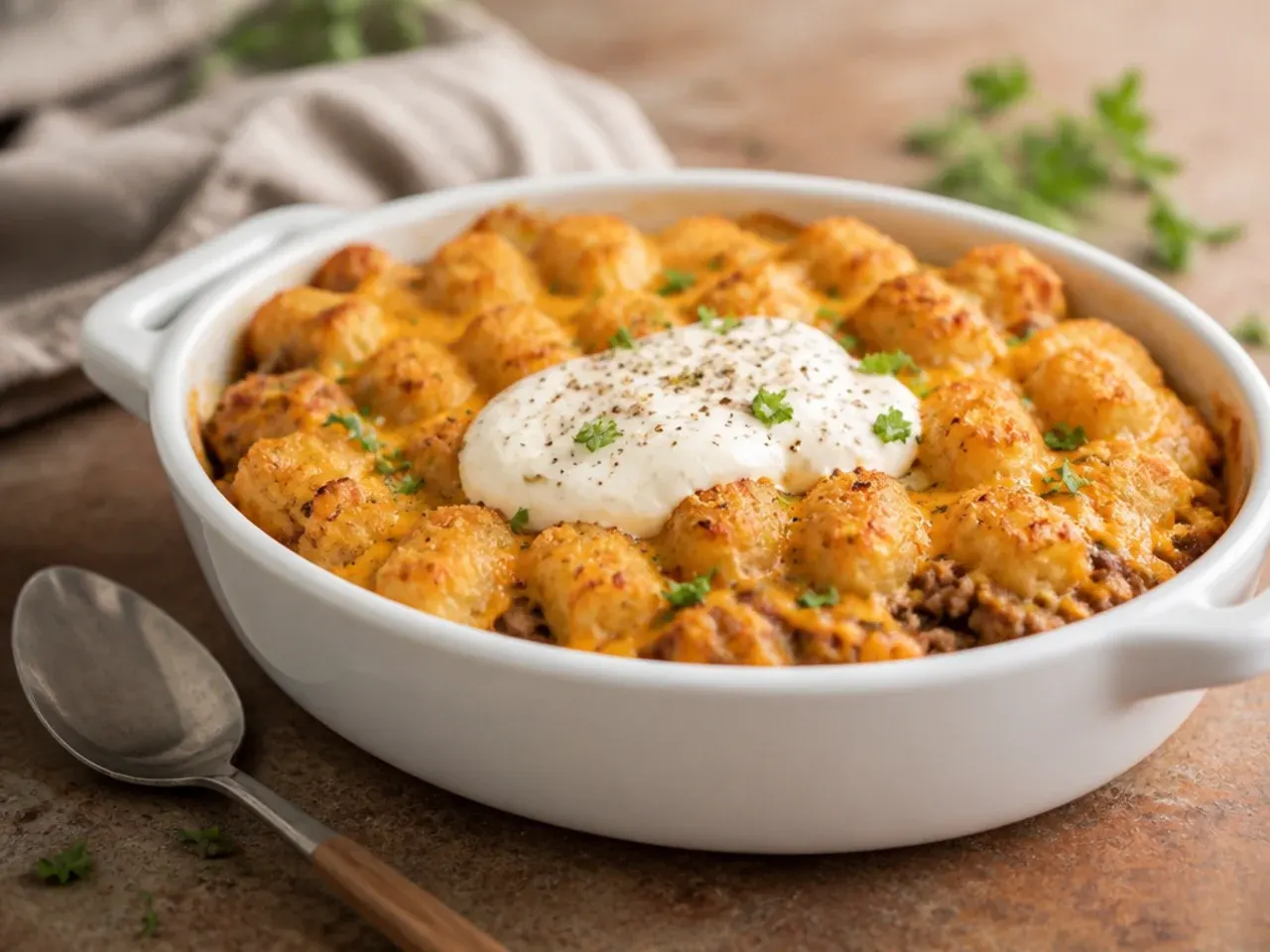 Budget turkey mince cheeseburger tater tot casserole with a lighter-coloured meat layer