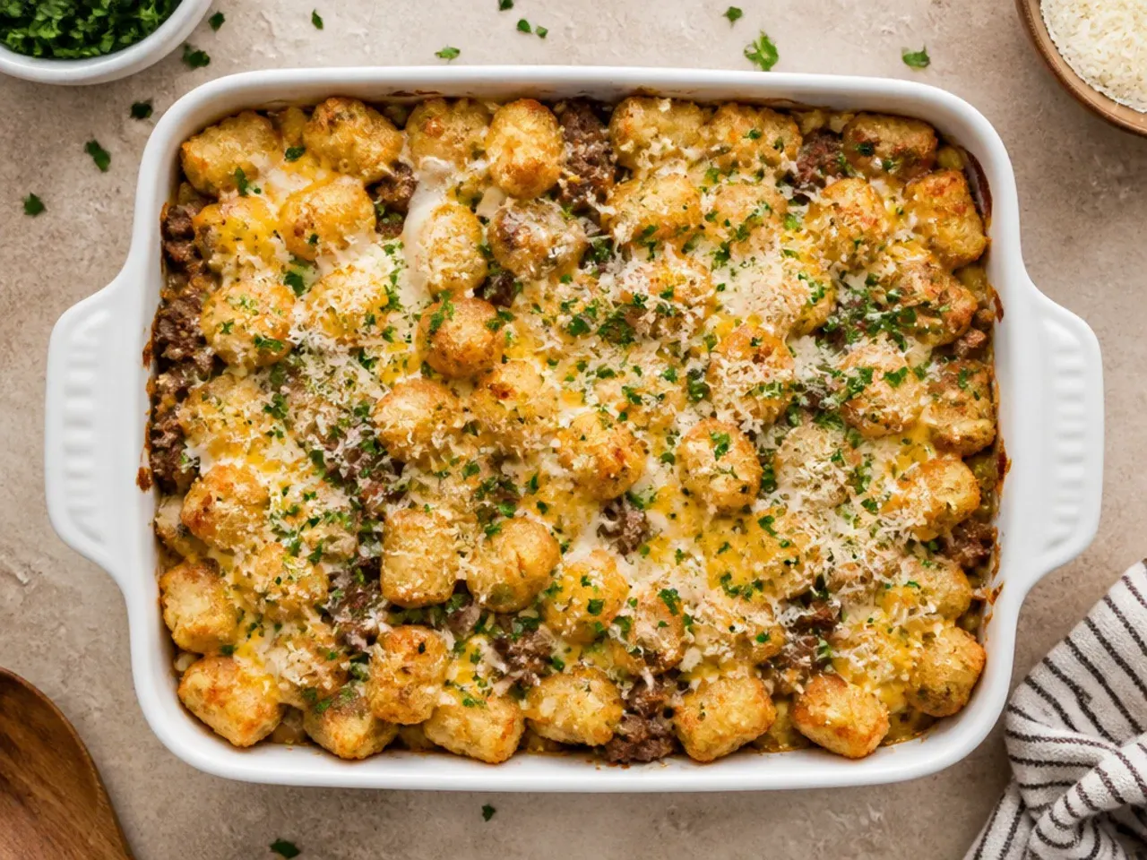 Weeknight cheeseburger tater tot casserole made in a small air-fryer-safe dish with crispy golden tots