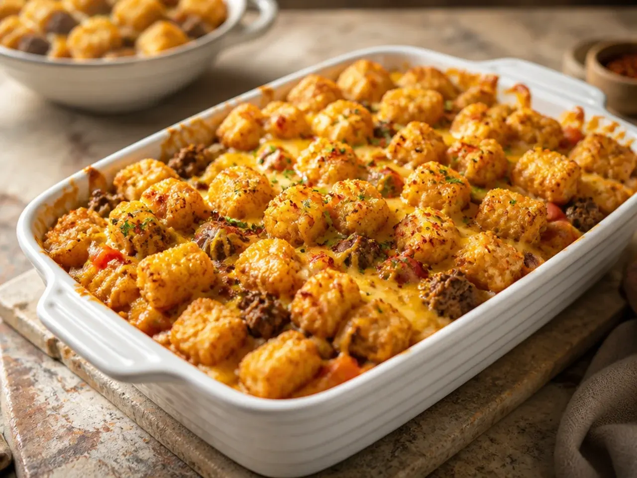 Rustic farmhouse-style cheeseburger tater tot casserole with visible diced carrot and celery in the sauce