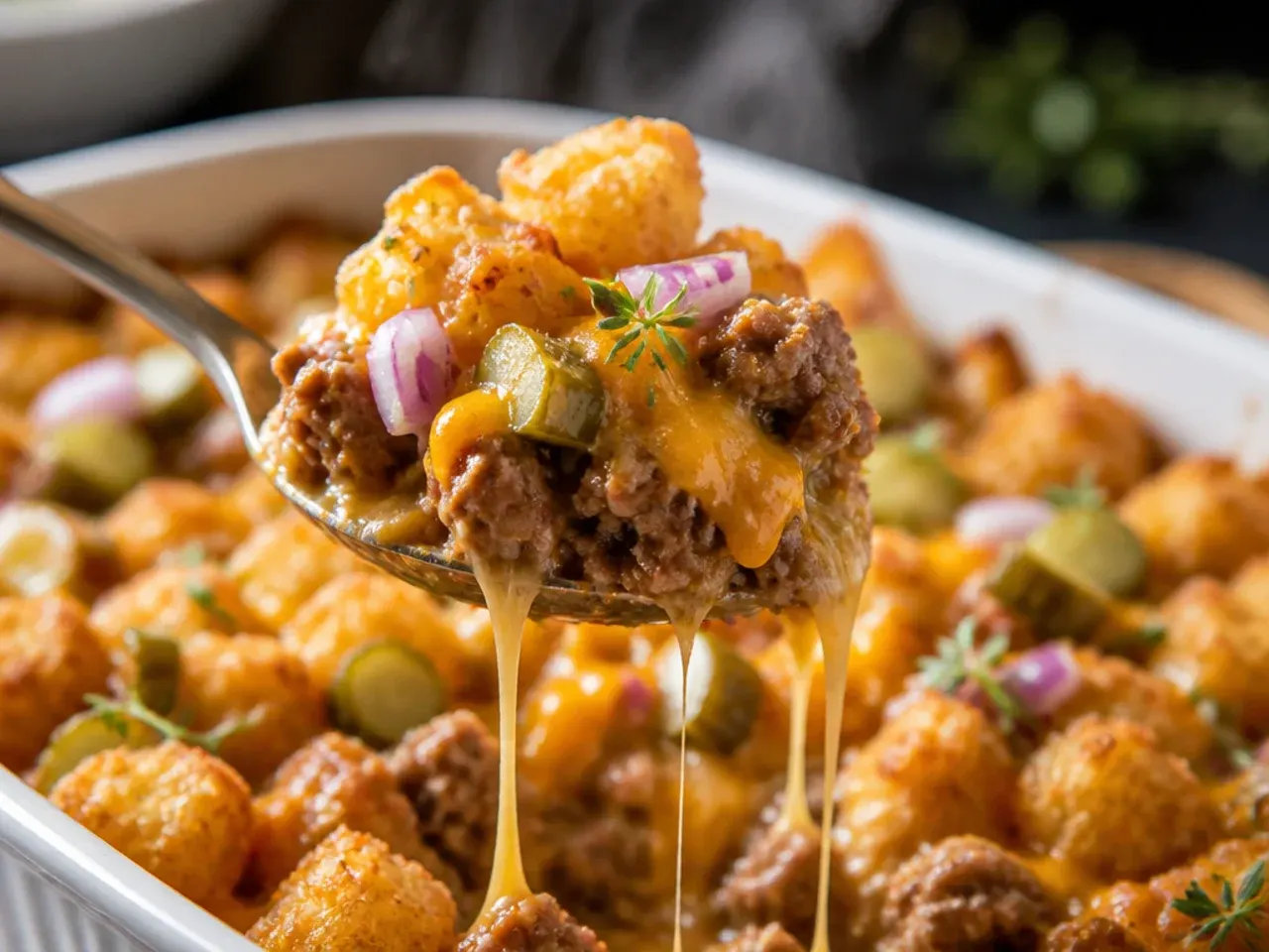 Loaded cheeseburger tater tot casserole topped with chopped pickles and a drizzle of special sauce