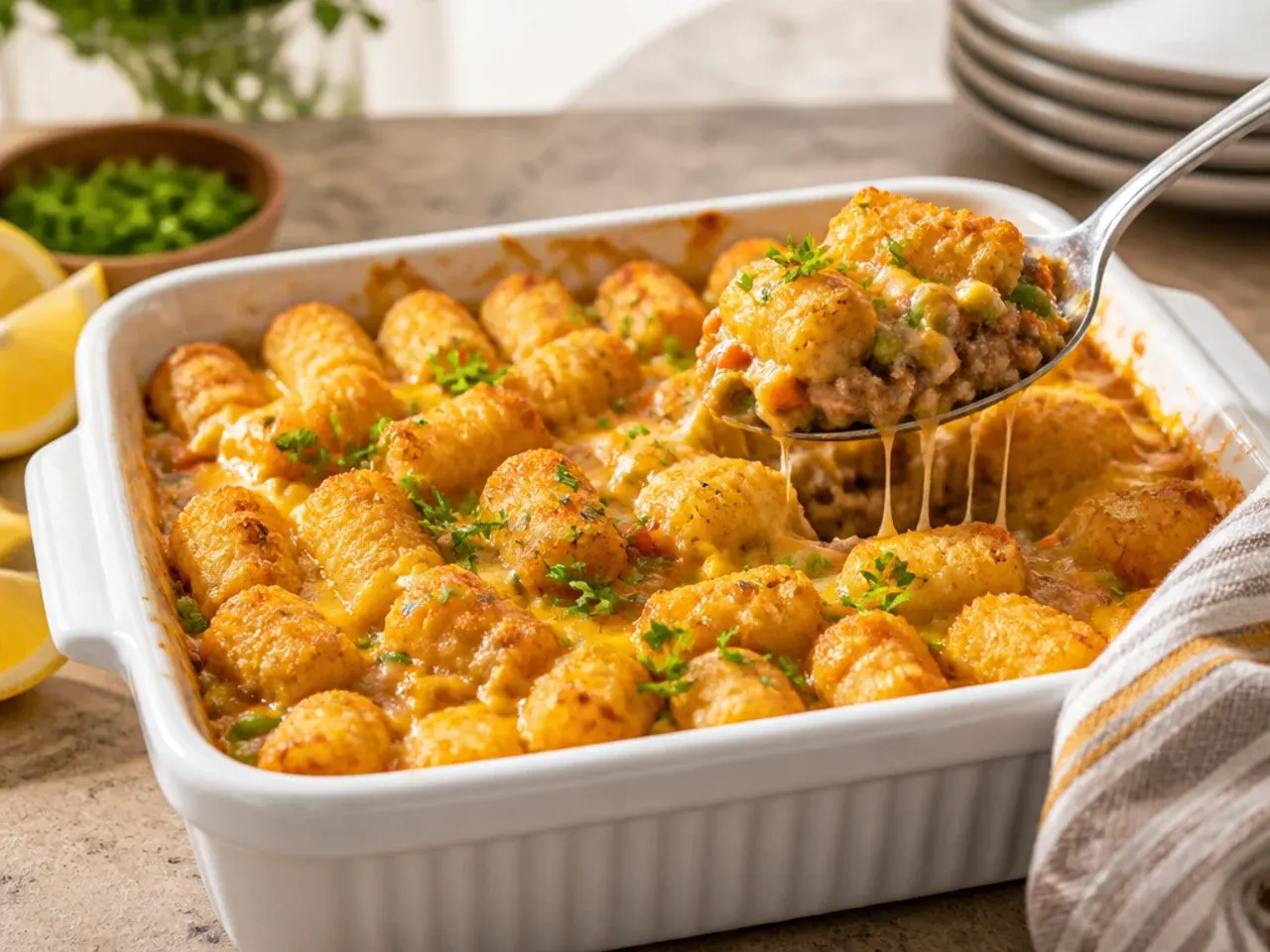 Family cheeseburger tater tot casserole with finely grated vegetables blended into the beef layer