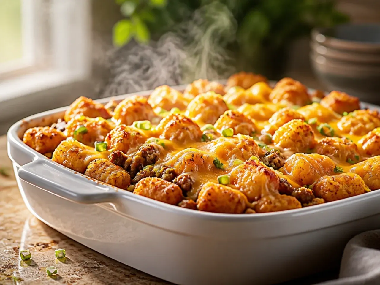 Best-ever smoky barbecue cheeseburger tater tot casserole drizzled with extra barbecue sauce