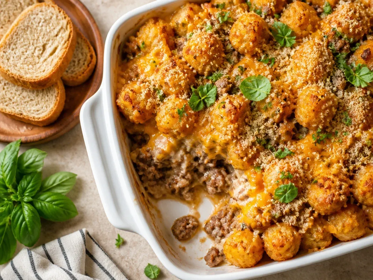 Individual foil packets of cheeseburger tater tot casserole opened to reveal golden tots and melted cheese