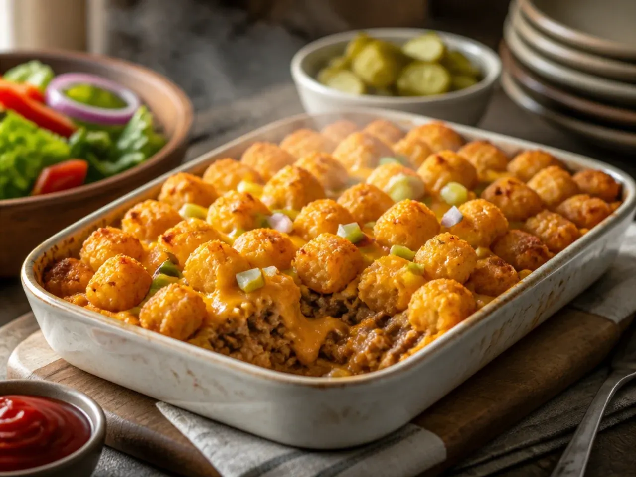 Plated serving of cheeseburger tater tot casserole alongside a fresh green salad and steamed green beans