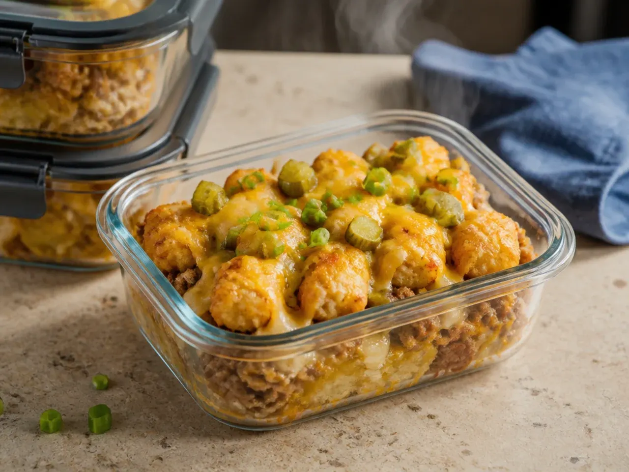 Airtight container of leftover cheeseburger tater tot casserole portions ready to store in the fridge