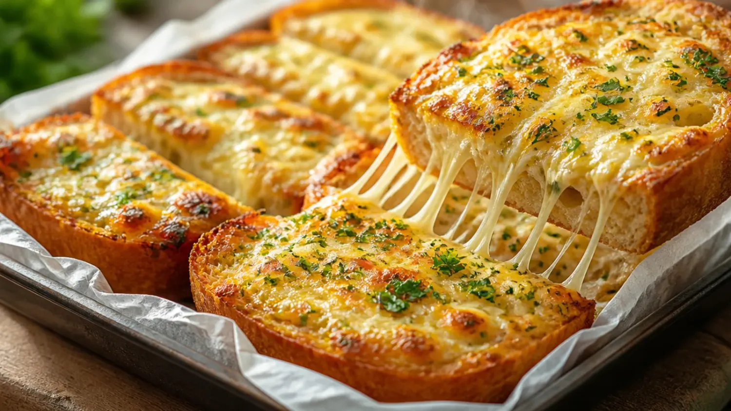 Golden baked cheesy garlic bread sliced on a wooden board, with melted mozzarella and parmesan stretching between the pieces.