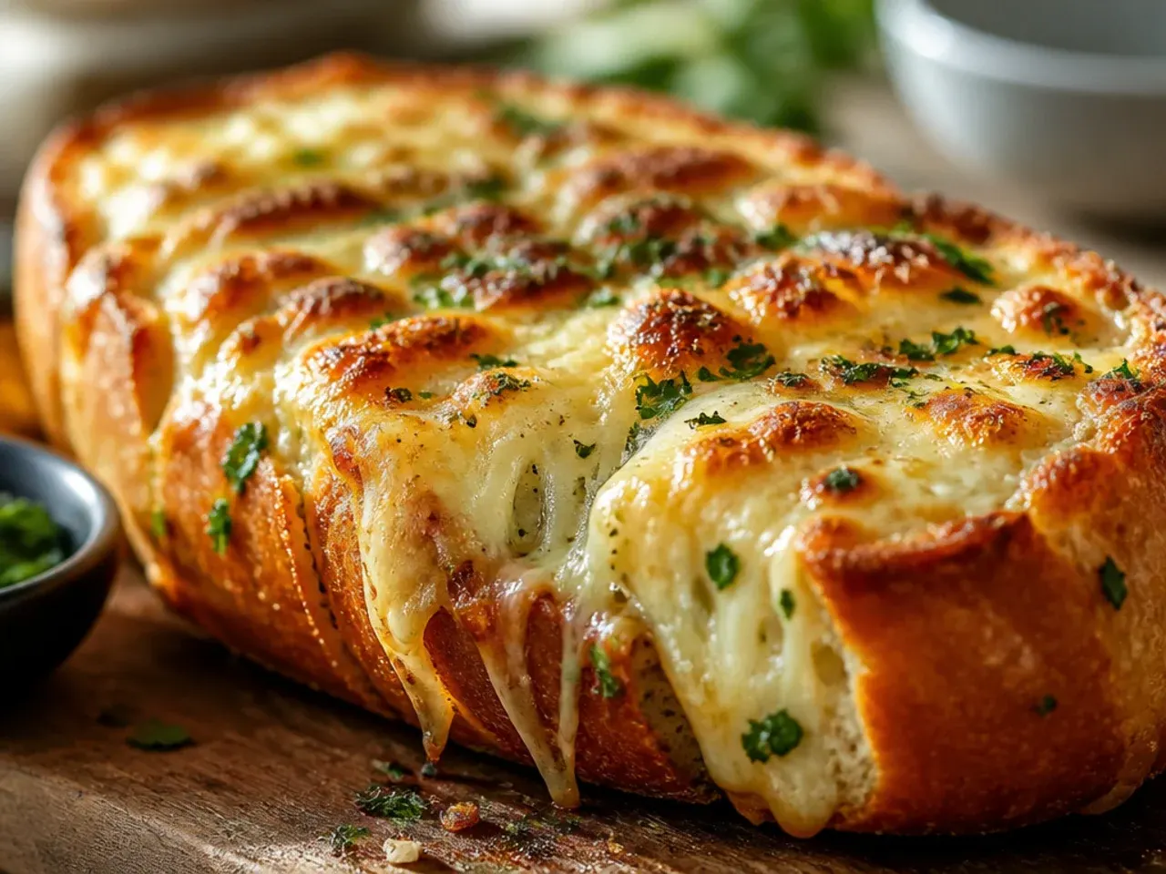 Overhead spread of sliced cheesy garlic bread pieces on a table alongside pasta and salad