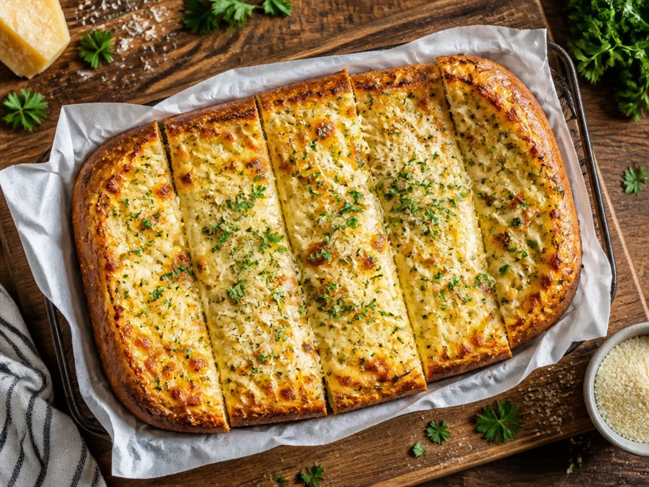 Classic cheesy garlic bread baguette halves topped with melted mozzarella and parmesan