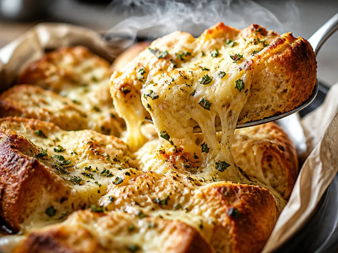 Fresh herb cheesy garlic bread topped with chopped parsley, chives and basil