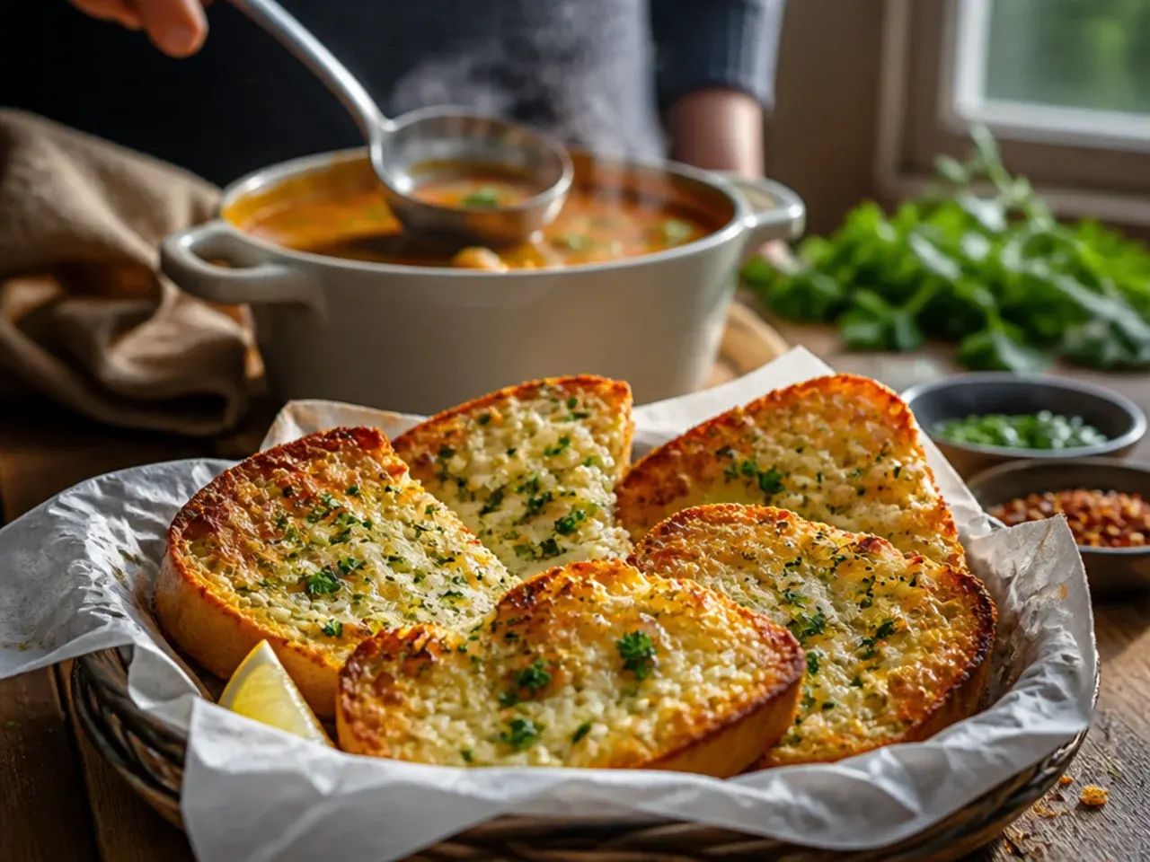 Cozy cheesy garlic bread chunks baked together in a cast iron skillet