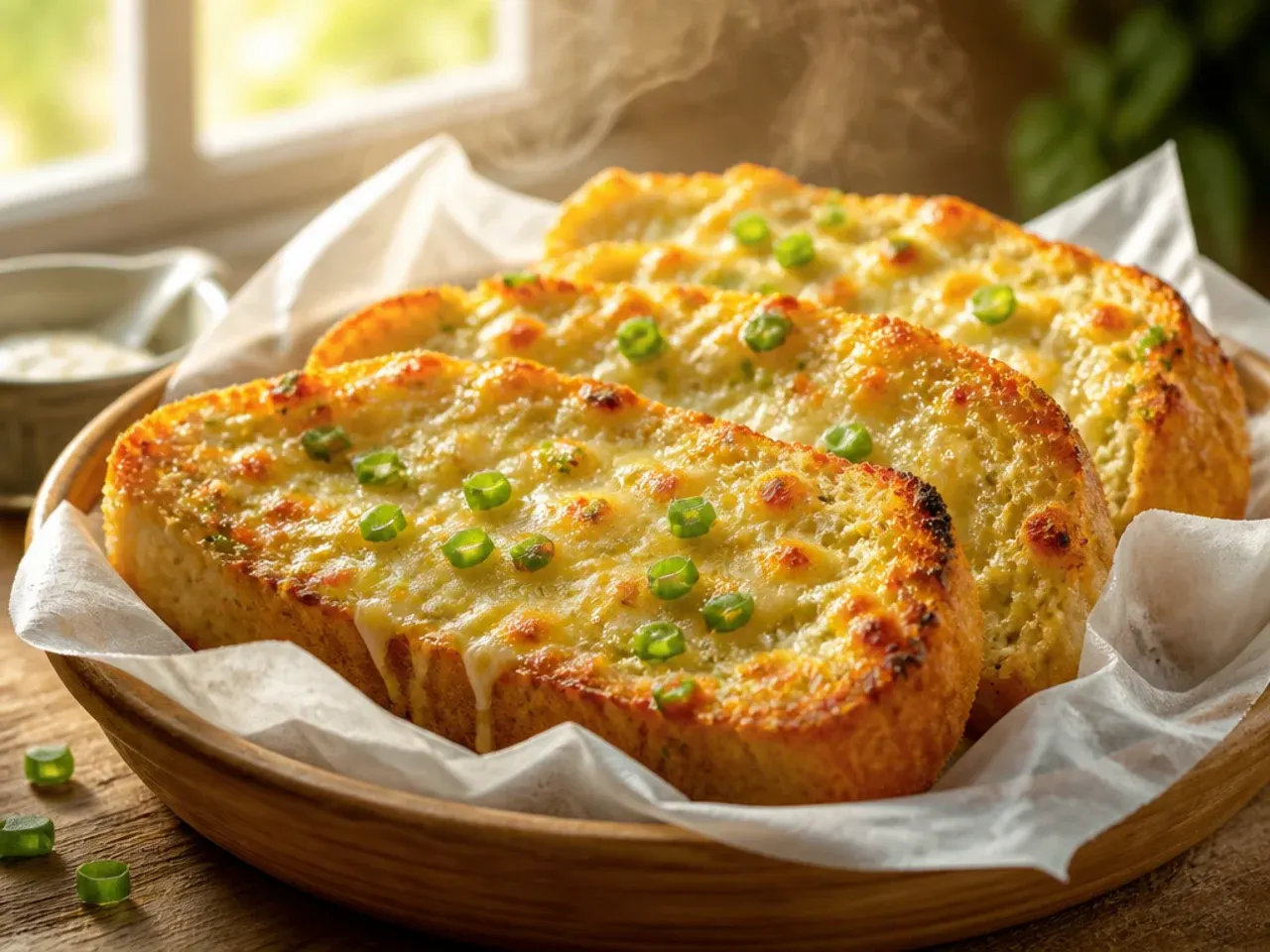 Creamy mayo-based cheesy garlic bread with a golden, evenly browned cheese topping
