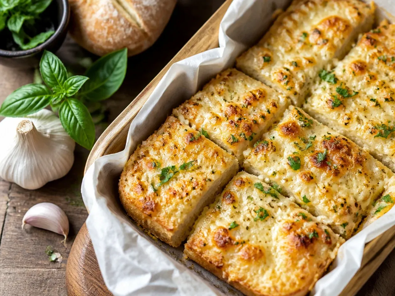 Simple four-ingredient cheesy garlic bread with melted mozzarella on a baking tray