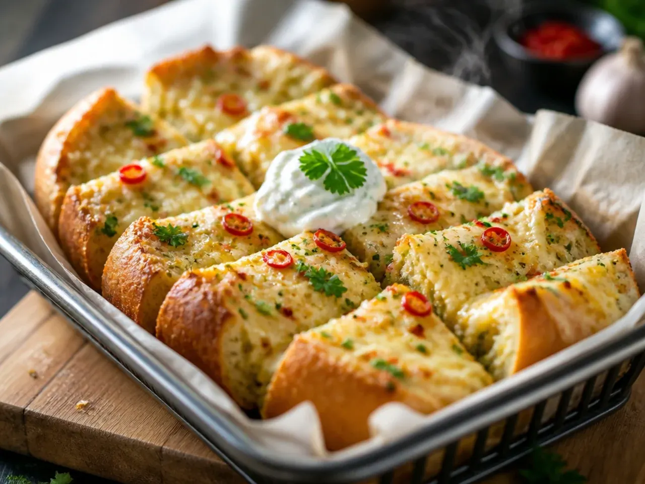 Zesty chilli cheesy garlic bread drizzled with chilli oil and red pepper flakes