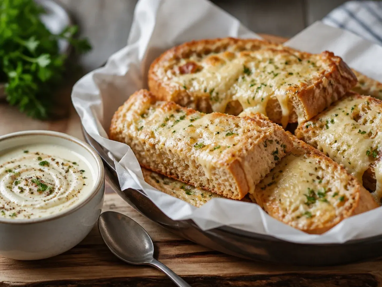 Wholesome wholemeal cheesy garlic bread with a lighter cheese topping