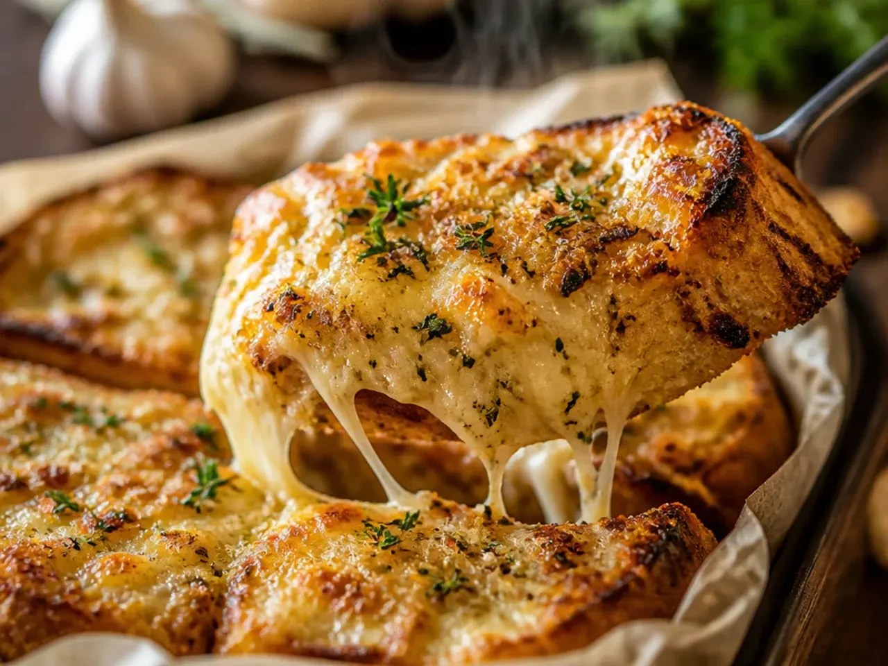 Rustic sourdough cheesy garlic bread with a chewy, tangy crumb and melted cheese