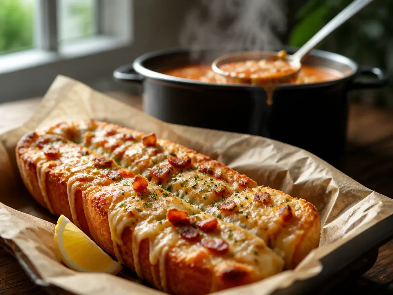 Loaded cheesy garlic bread topped with crispy bacon and three melted cheeses