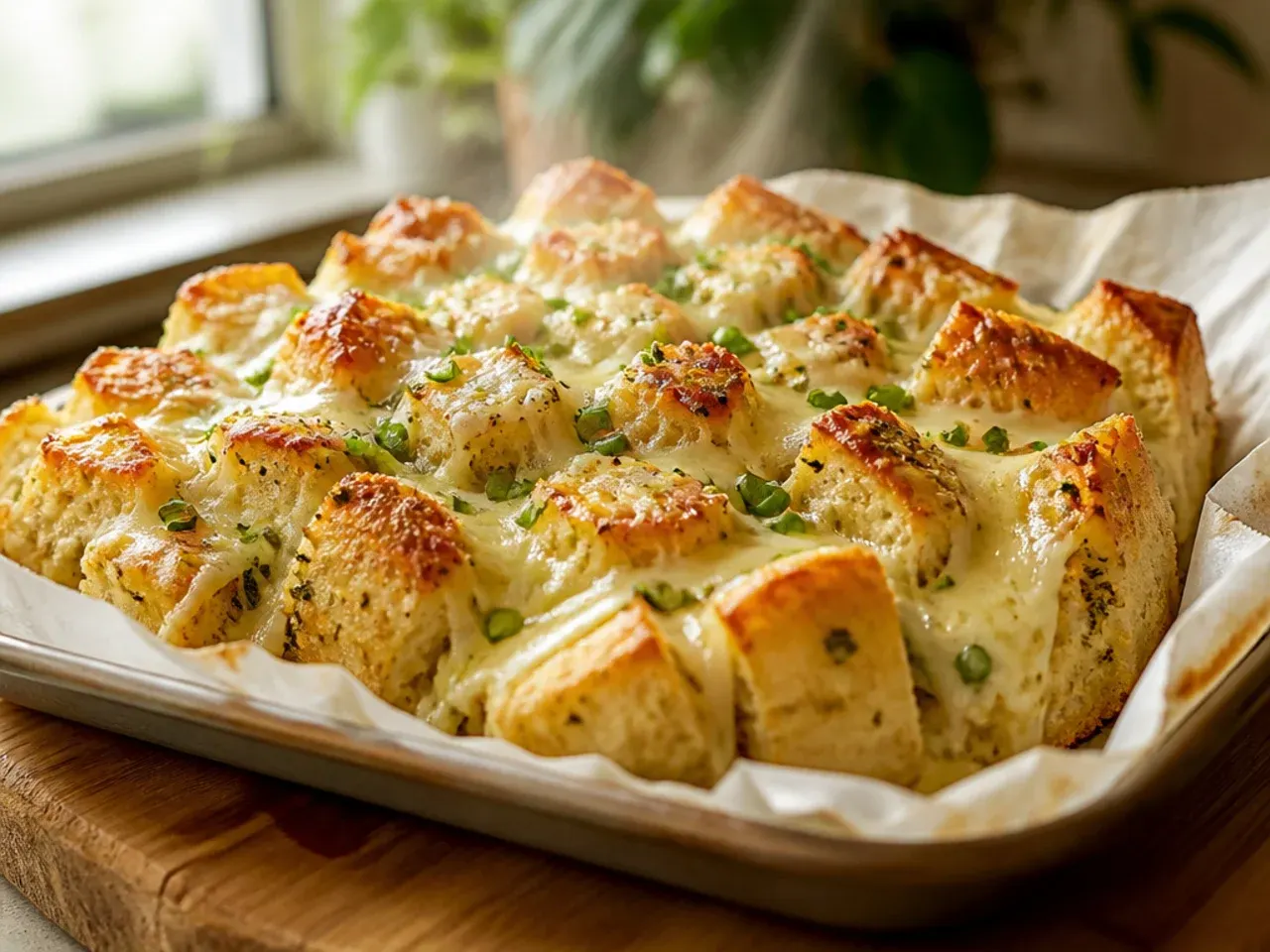 Family-size pull-apart cheesy garlic bread with a scored top stuffed with melted cheese