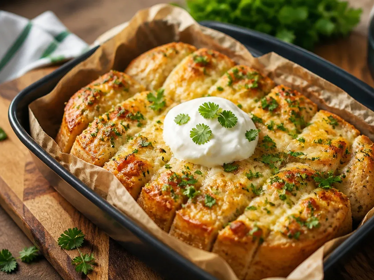 Quick cheesy garlic bread slices cooking in an air fryer basket