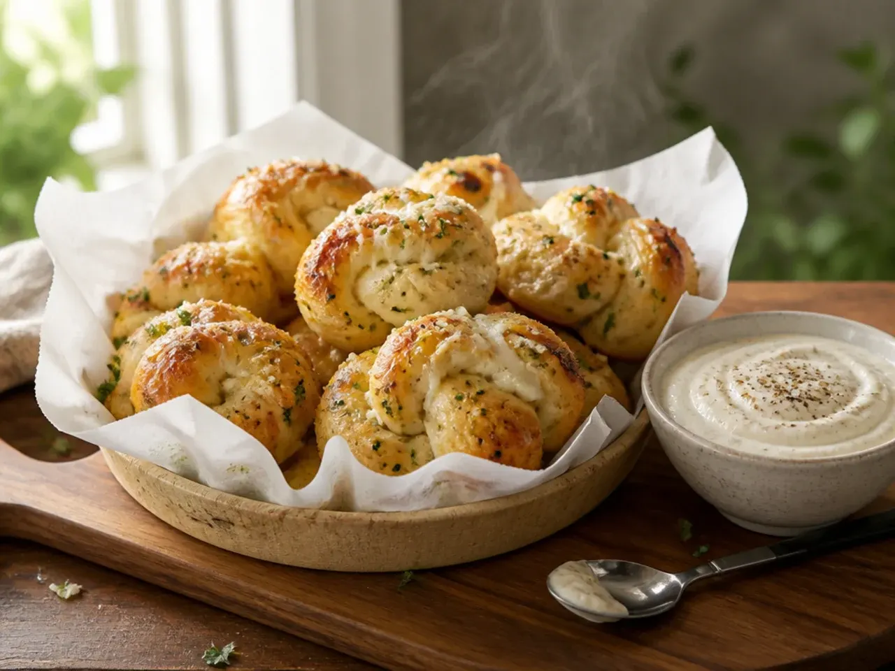 Golden garlic knots with cheese served with a bowl of marinara sauce
