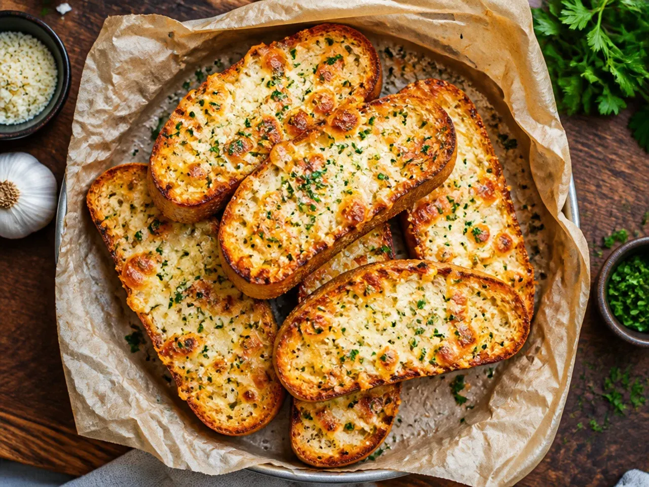 Thick-cut Texas toast cheesy garlic bread slices with melted cheddar