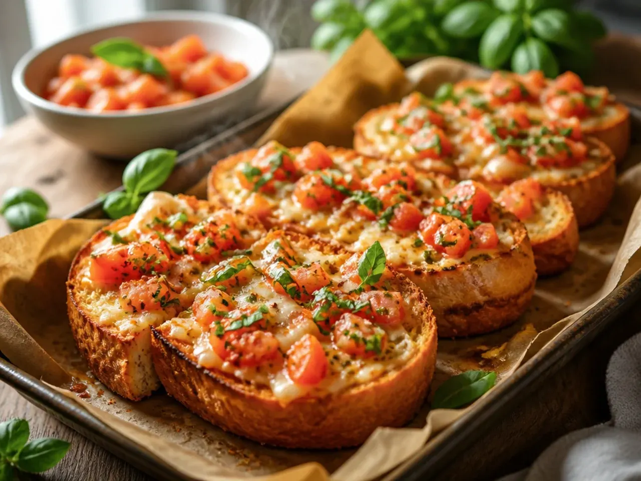 Bruschetta-style cheesy garlic bread topped with diced tomato and fresh basil