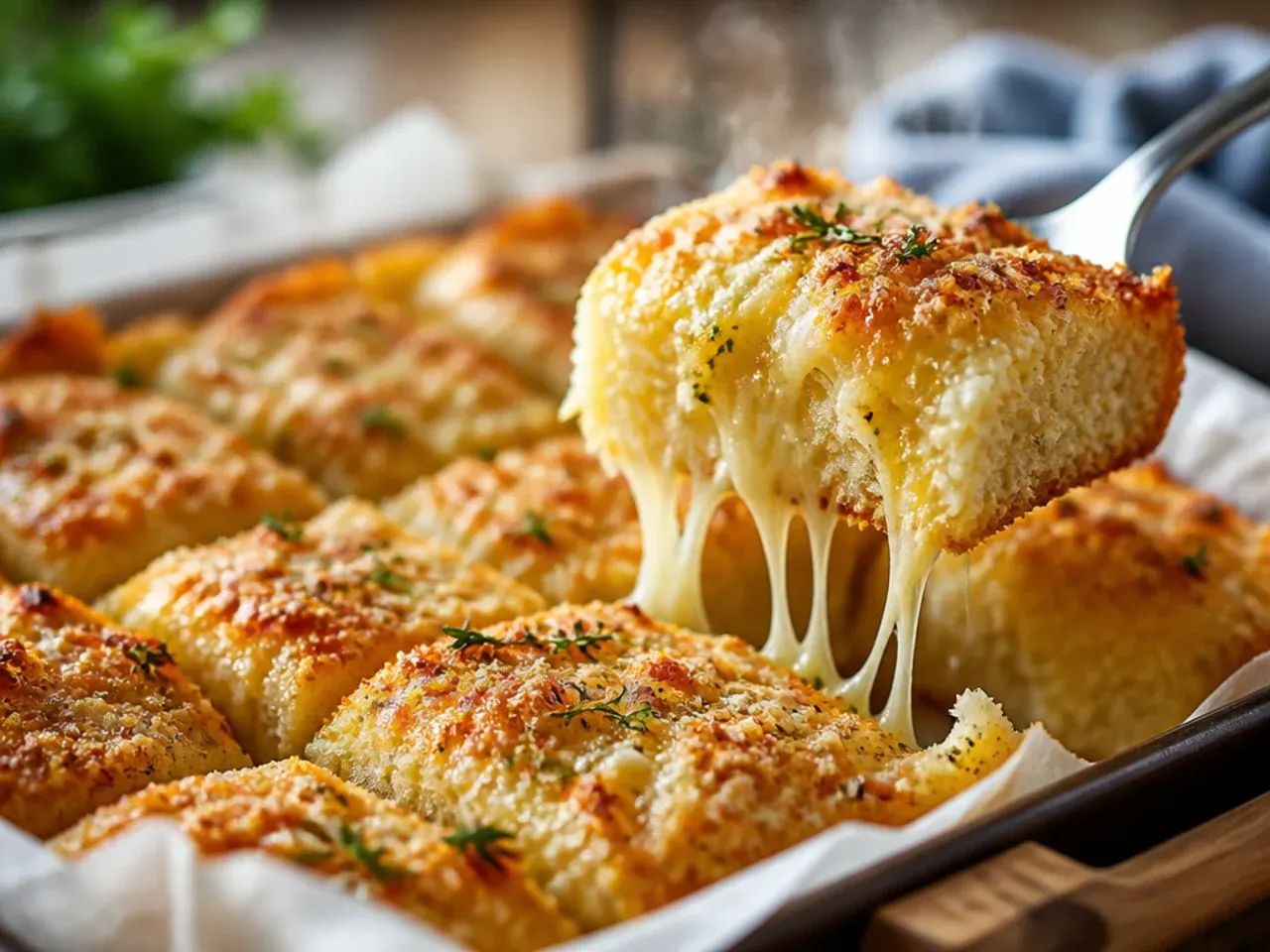 Trays of make-ahead cheesy garlic bread prepared for a party