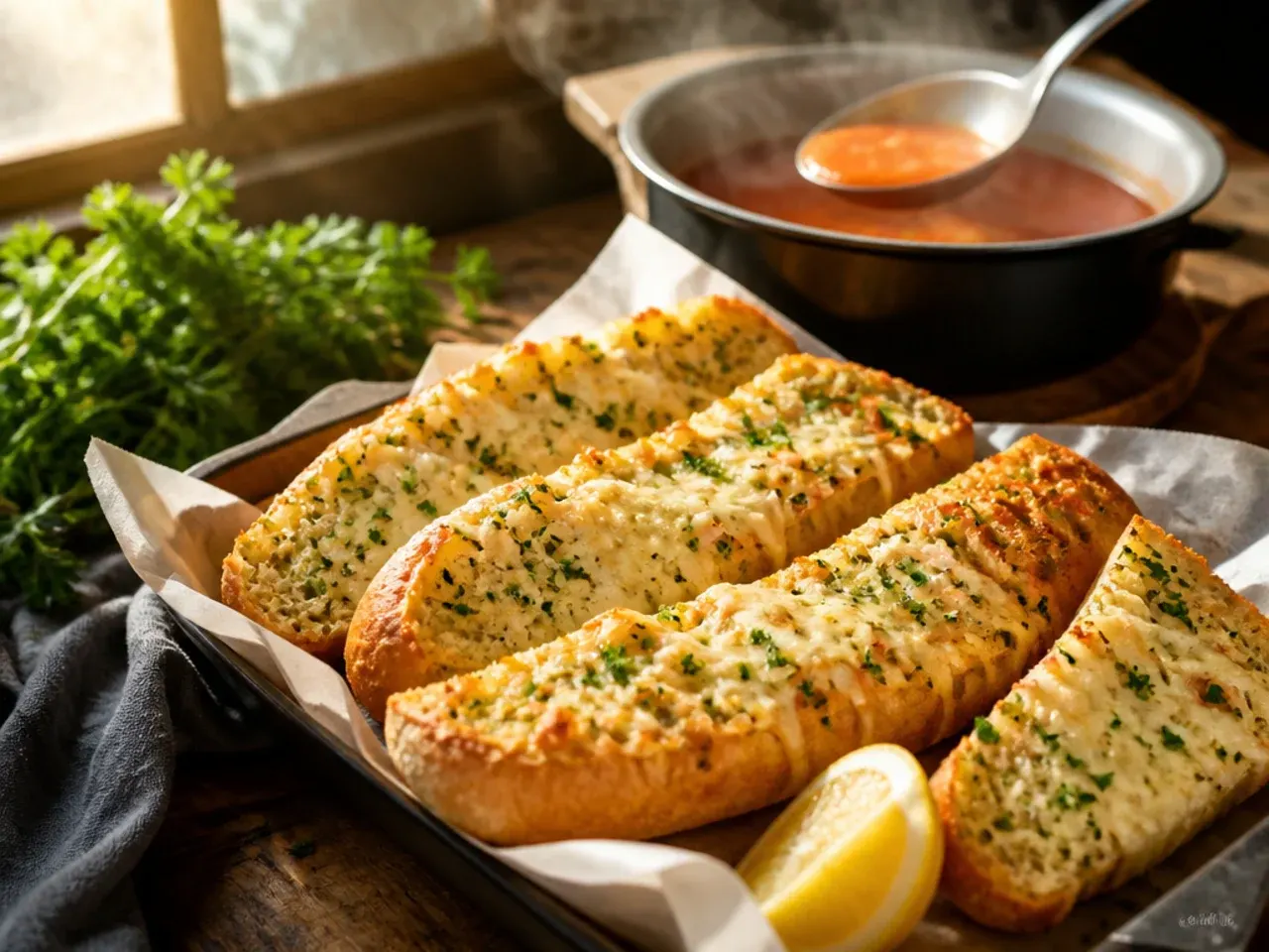 Creamy cream cheese and garlic bread with a thick, tangy melted topping