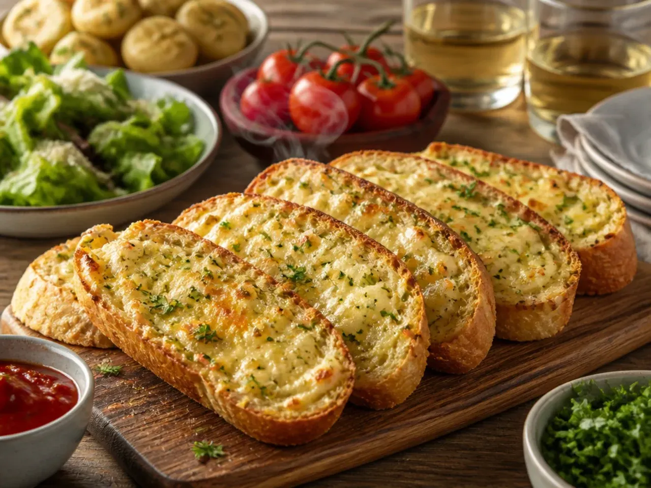 Cheesy garlic bread served alongside a bowl of tomato pasta and salad