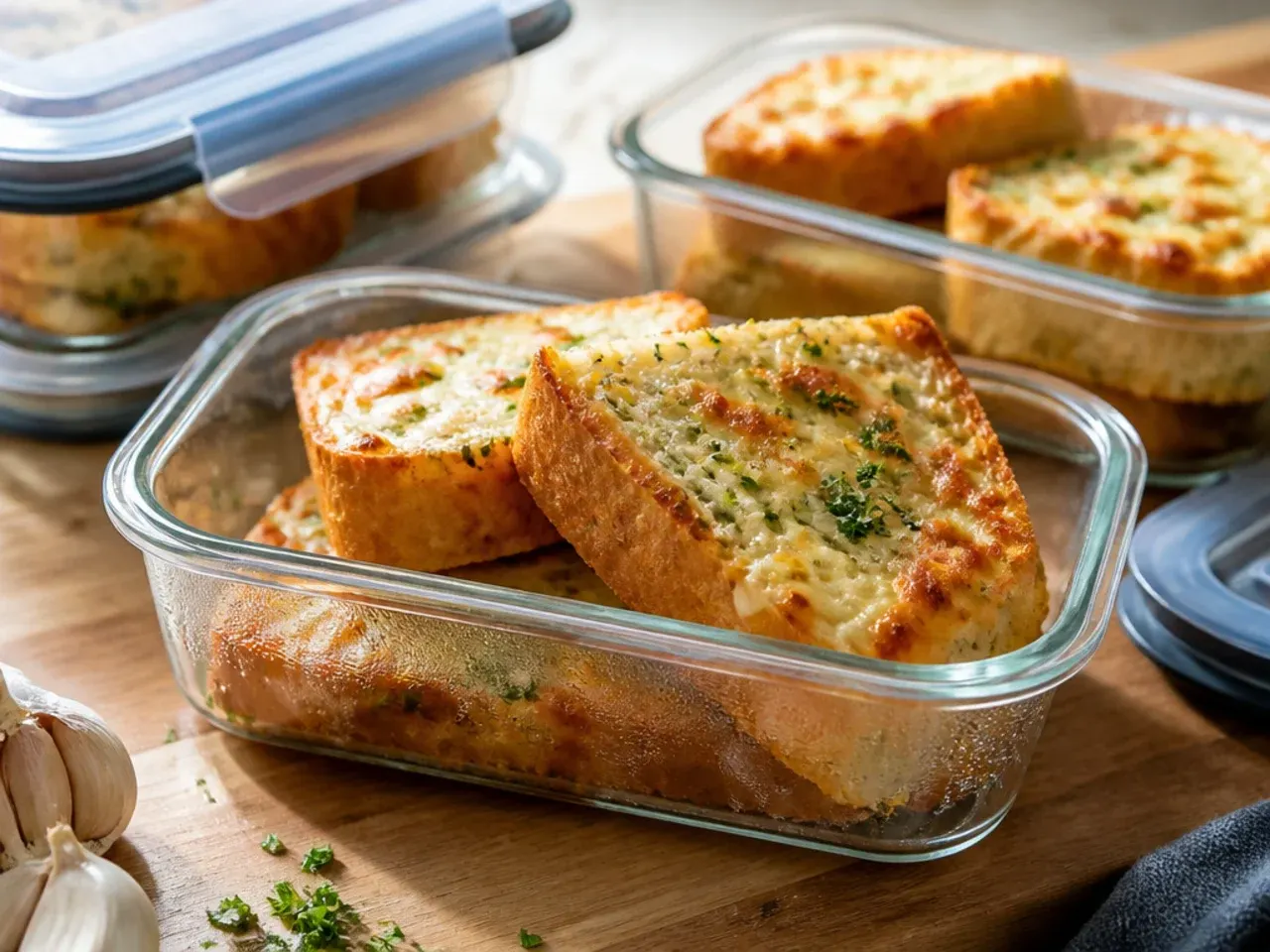 Leftover cheesy garlic bread pieces wrapped in foil for storage